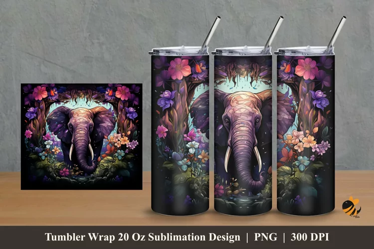 Flowering Elephant Tumbler Wrap Sublimation Design 2