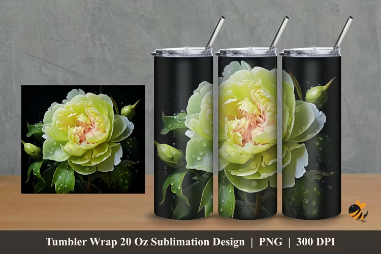 Green Peony Tumbler Wrap Sublimation Design 2