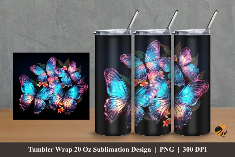Neon Butterflies Tumbler Wrap Sublimation Design 2 example image 1