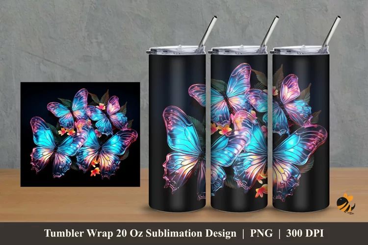 Neon Butterflies Tumbler Wrap Sublimation Design 2