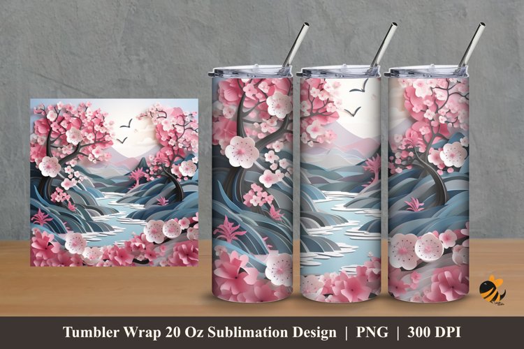 Nature River With Sakura Tumbler Wrap Sublimation Design 2 example image 1