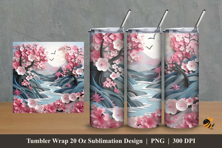 Nature River With Sakura Tumbler Wrap Sublimation Design 2