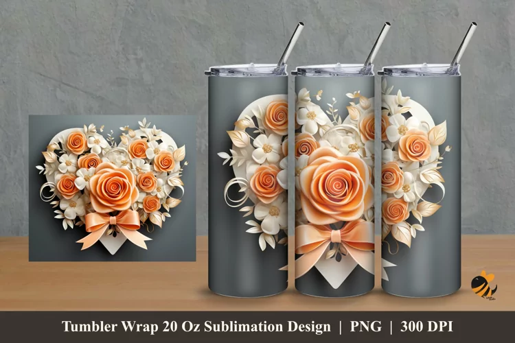 Ribbon Peach Rose Tumbler Wrap Sublimation Design 2