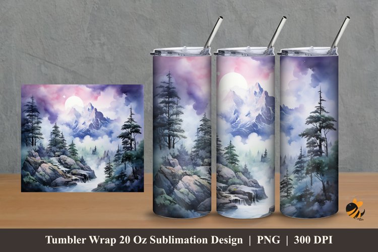 Watercolor Mountain Forest Tumbler Wrap Sublimation Design 2 example image 1