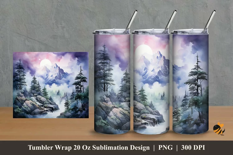 Watercolor Mountain Forest Tumbler Wrap Sublimation Design 2