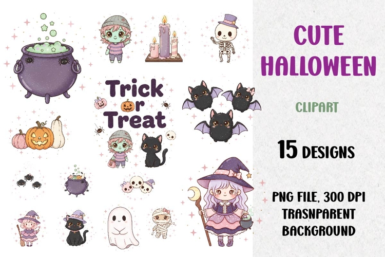 Halloween Clipart, Cute Spider, Ghost, Cat, Witch