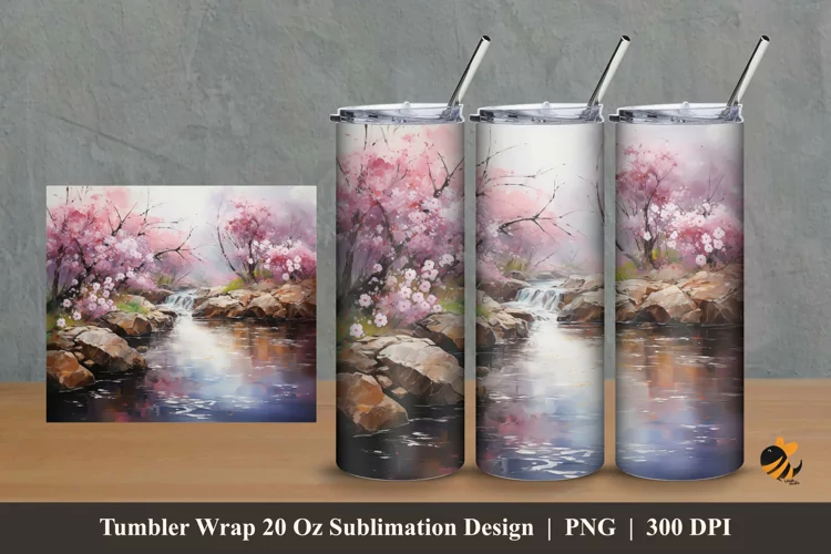 Sakura River Tumbler Wrap Sublimation Design 2