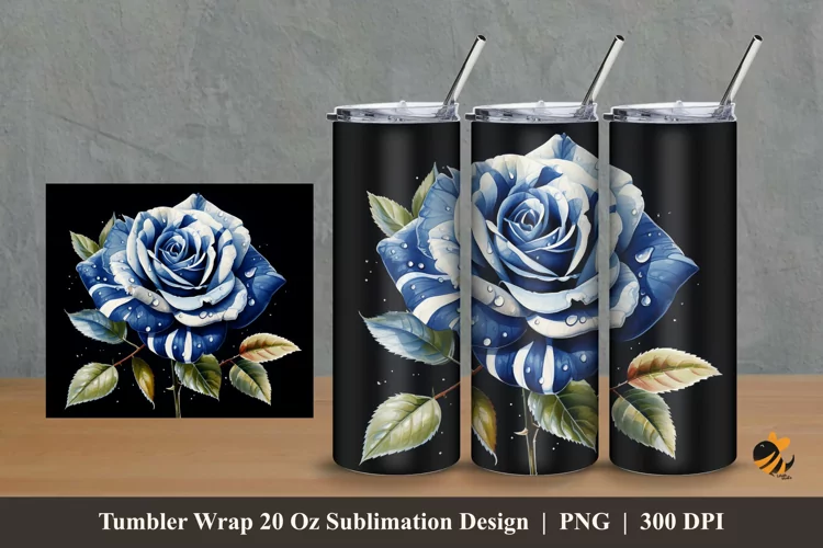 Blue Striped Rose Tumbler Wrap Sublimation Design 2