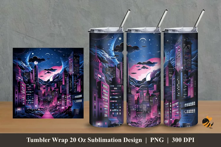 City At Night Tumbler Wrap Sublimation Design 2