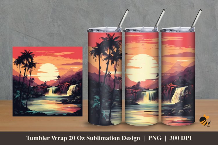 Vintage Waterfall Sunset Tumbler Wrap Sublimation Design 2 example image 1