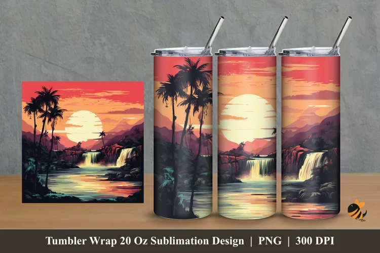 Vintage Waterfall Sunset Tumbler Wrap Sublimation Design 2