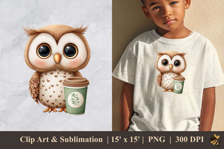 Cute Owl And Cup Coffee DTF Sublimation Clipart Design 2