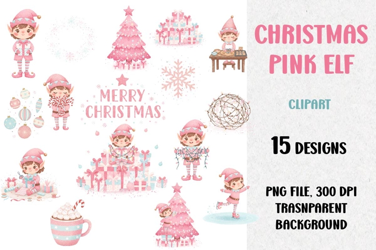 Christmas Pink Elf Bundle, Clipart, PNG