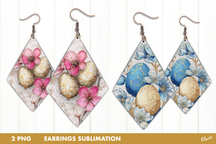 Easter Earring Sublimation, Golden Egg, Flower Earring PNG