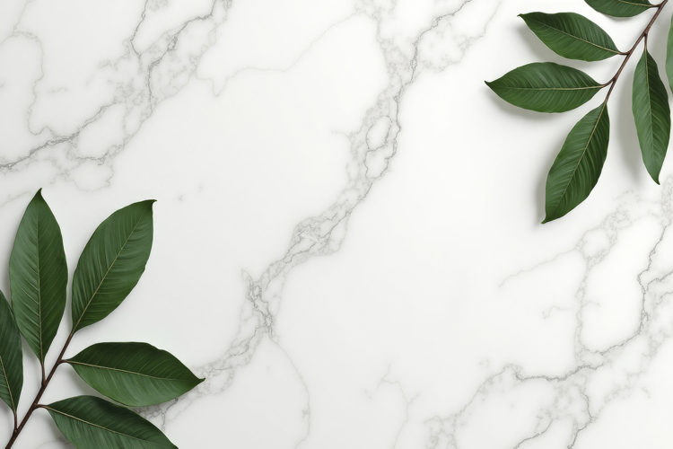 Green Leaves with White Marble Texture Background Wallpaper