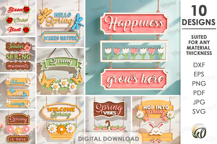 Hello Spring Wall Decors Bundle Laser Cut. Wall Hanger SVG