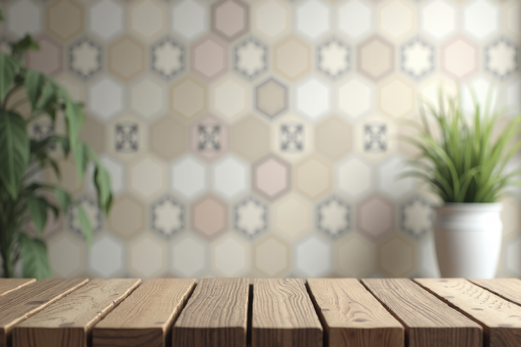 Wooden Table with Decorated Background Wallpaper