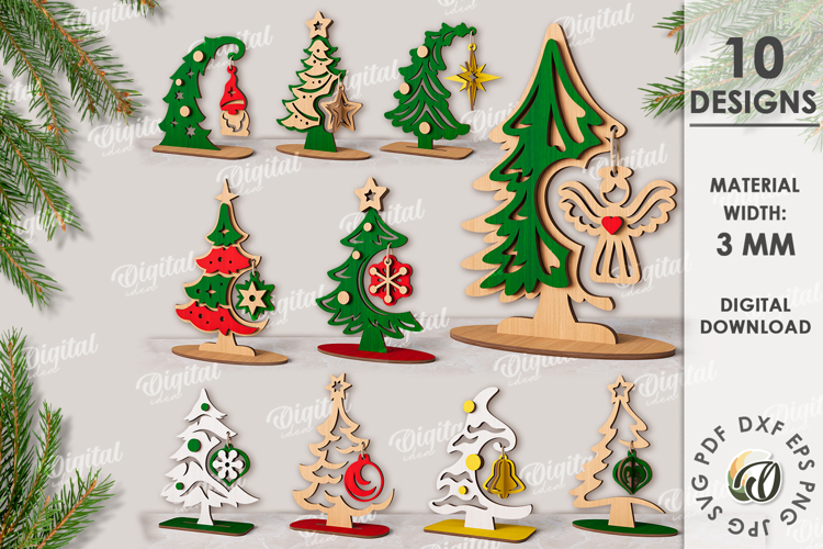 Christmas Trees with Ornament Bundle Lasercut. Christmas SVG