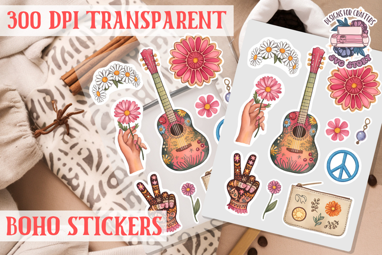 Boho sticker sheet Summer Scrapbook PNG Hippie Free