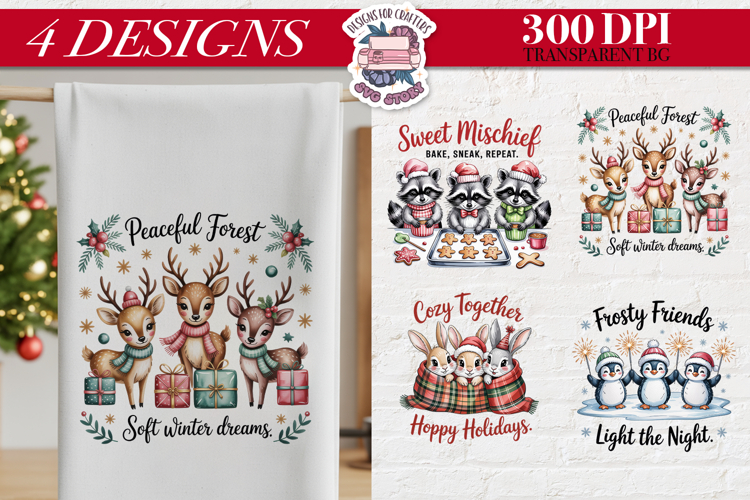 Christmas Cute Animals Clipart PNG Sublimation 4 Design