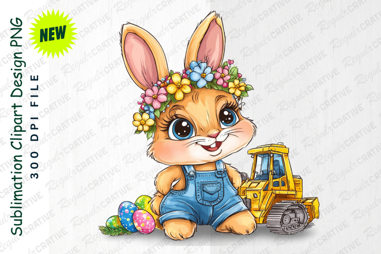 Cute Easter Bunny With Flower Crown And Construction Clipart