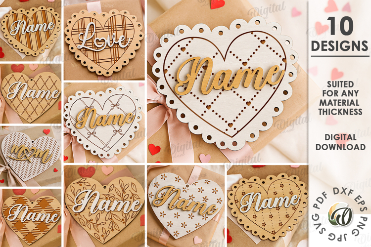 Wooden Heart Tags Bundle Laser Cut. Gift Tags SVG