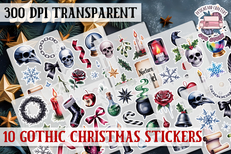 Gothic Christmas Watercolor Sticker Sheet Winter Scary PNG