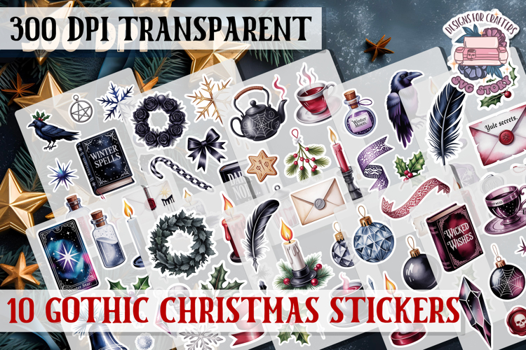 Gothic Christmas Watercolor Sticker Sheet Winter Scary PNG
