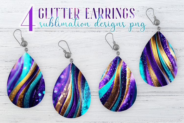 Glitter Earrings Sublimation | Teal Golden Stripes Teardrop
