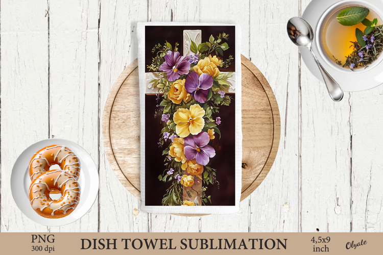 Watercolor Easter Cross Dish Towel Sublimation PNG