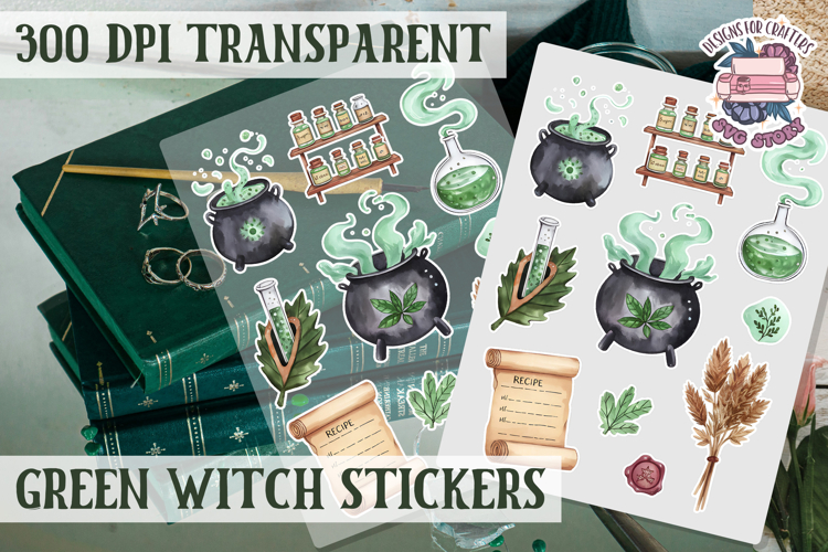 Green Witch sticker sheet Magic Scrapbook PNG Herbs Spells