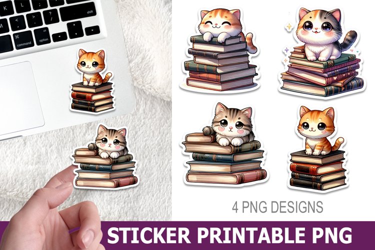 Cute Cat on Book Sticker Printable | High Quality 300 Dpi example image 1