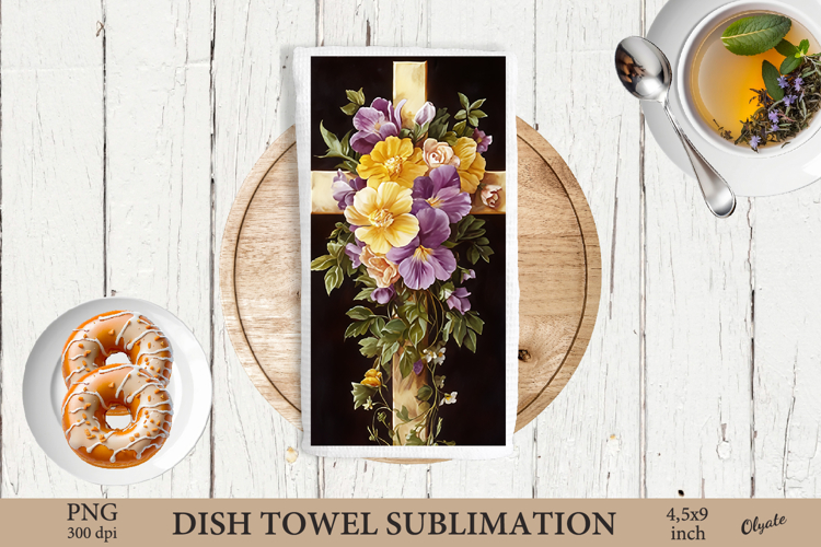 Watercolor Easter Cross Dish Towel Sublimation PNG