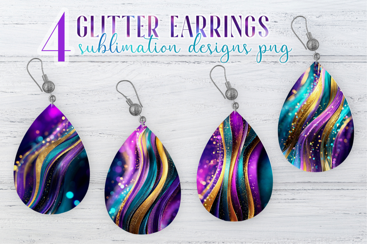 Glitter Earrings Sublimation | Teal Golden Stripes Teardrop