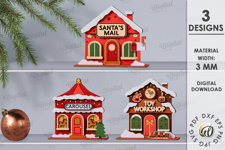 Wooden Christmas Houses Bundle Lasercut. Christmas Decor SVG