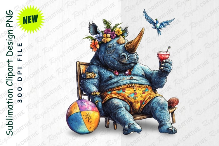 Relaxed Rhino On Vacation Cartoon Clipart Wearing Flowers