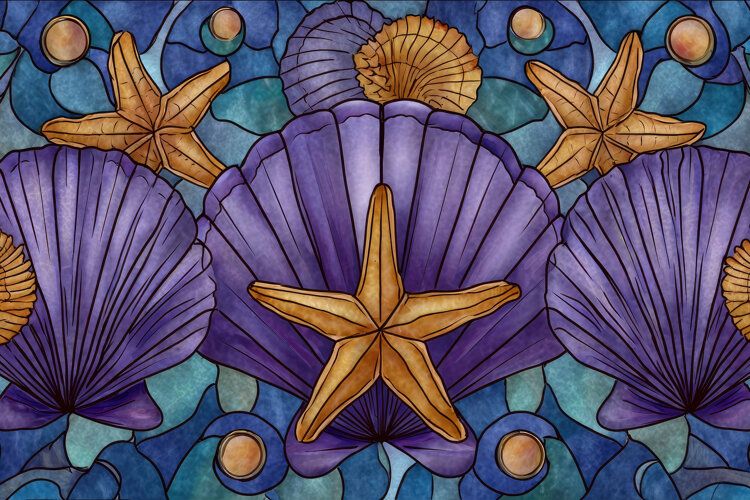 Stained Glass Seashell and Starfish Background Wallpaper example image 1