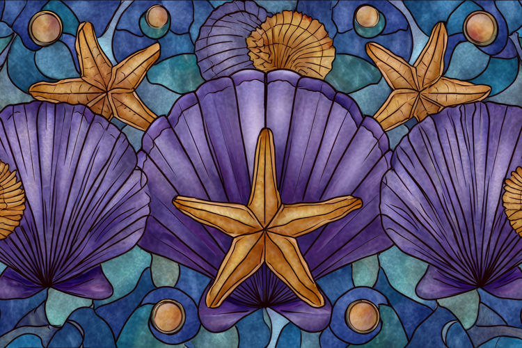 Stained Glass Seashell and Starfish Background Wallpaper