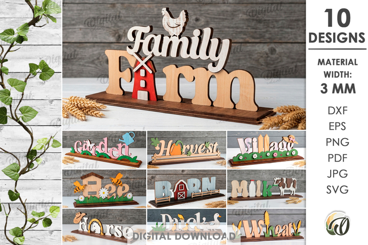 3D Farm Word Stands Bundle Laser Cut. Standing Decor SVG