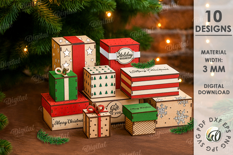 Christmas Gift Boxes Bundle Laser Cut. Decorative Boxes SVG