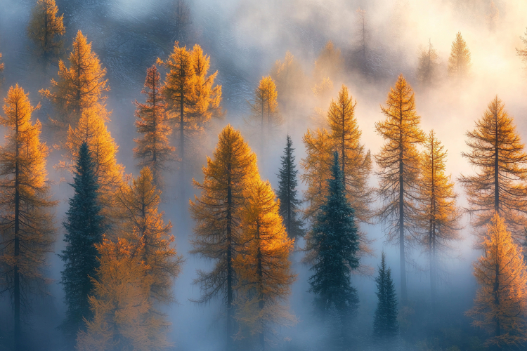 Larch Trees in Fog Background Wallpaper