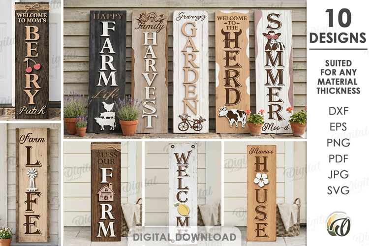 3D Farm Vertical Door Signs Bundle LaserCut. Porch Decor SVG