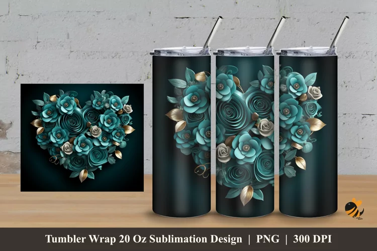 Teal Rose Tumbler Wrap Sublimation Design 3