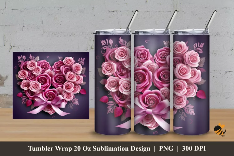 3D Fuchsia Roses Tumbler Wrap Sublimation Design 3