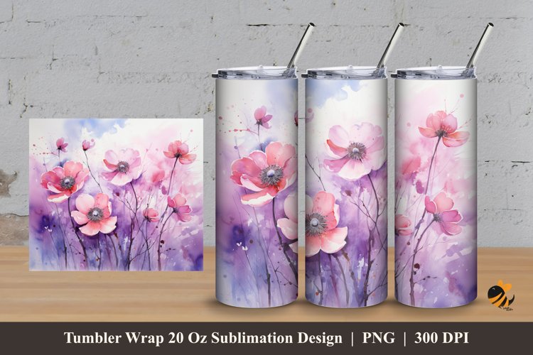 Watercolor Anemone Tumbler Wrap Sublimation Design 3 example image 1
