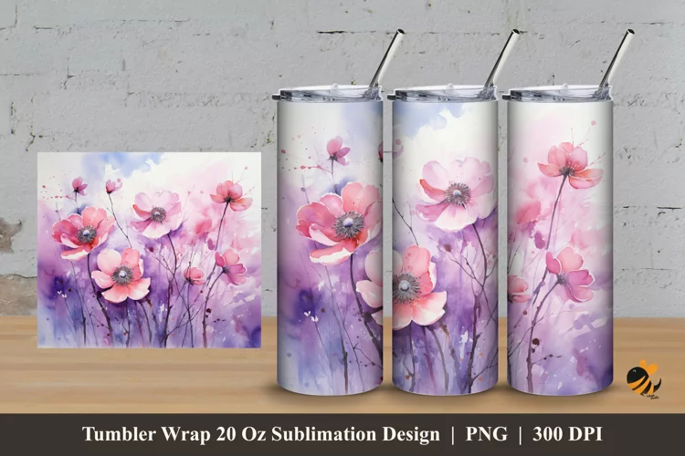 Watercolor Anemone Tumbler Wrap Sublimation Design 3