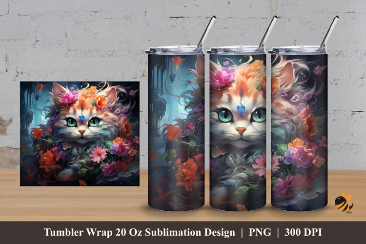Flowering Cat Tumbler Wrap Sublimation Design 3