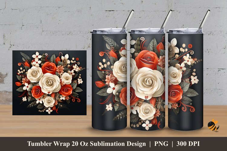 White Orange Floral Tumbler Wrap Sublimation Design 3