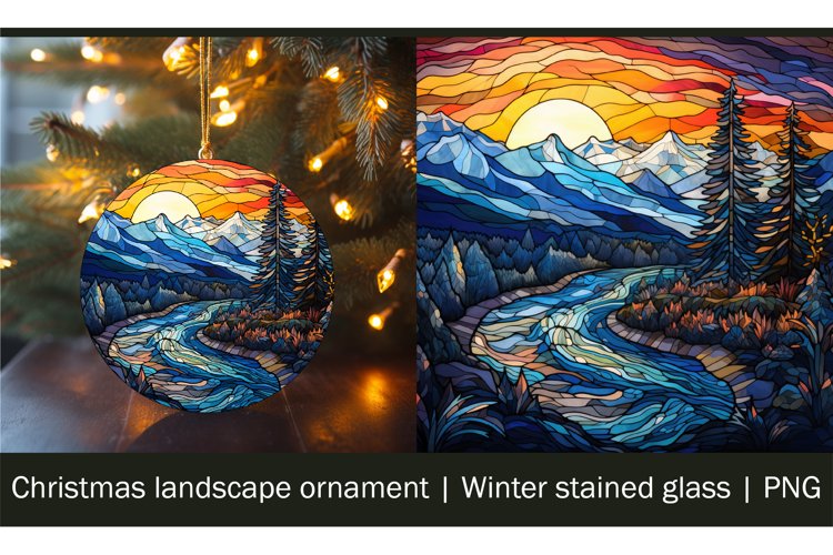 Christmas landscape ornament | Winter stained glass | PNG