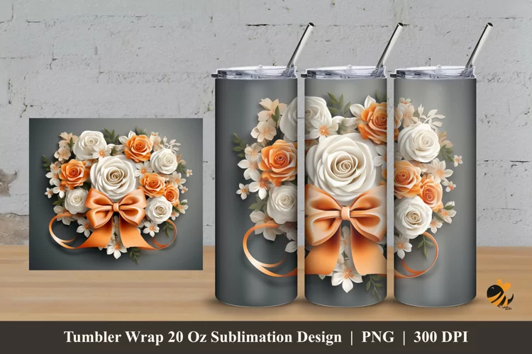 Ribbon Peach Rose Tumbler Wrap Sublimation Design 3